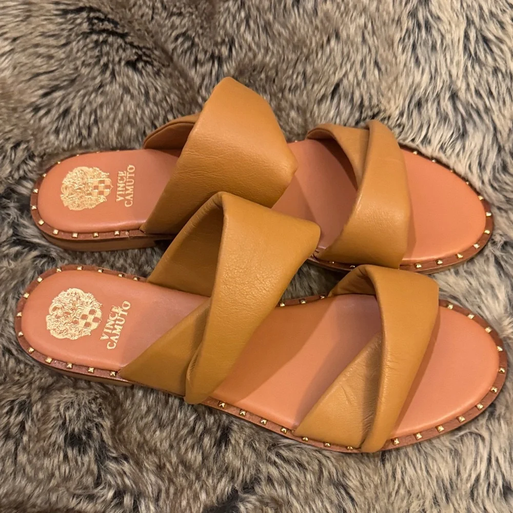 Vince Camuto Tan Leather Crossover Slide Sandals with Gold Stud Trim - Picture 6 of 6